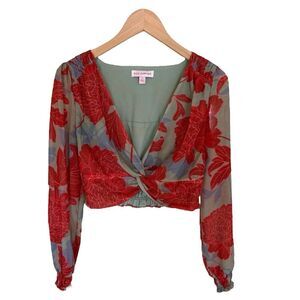 ANTHROPOLOGIE Red Carter Long Sleeve Plunge Neck Floral Print Crop Top Size XS